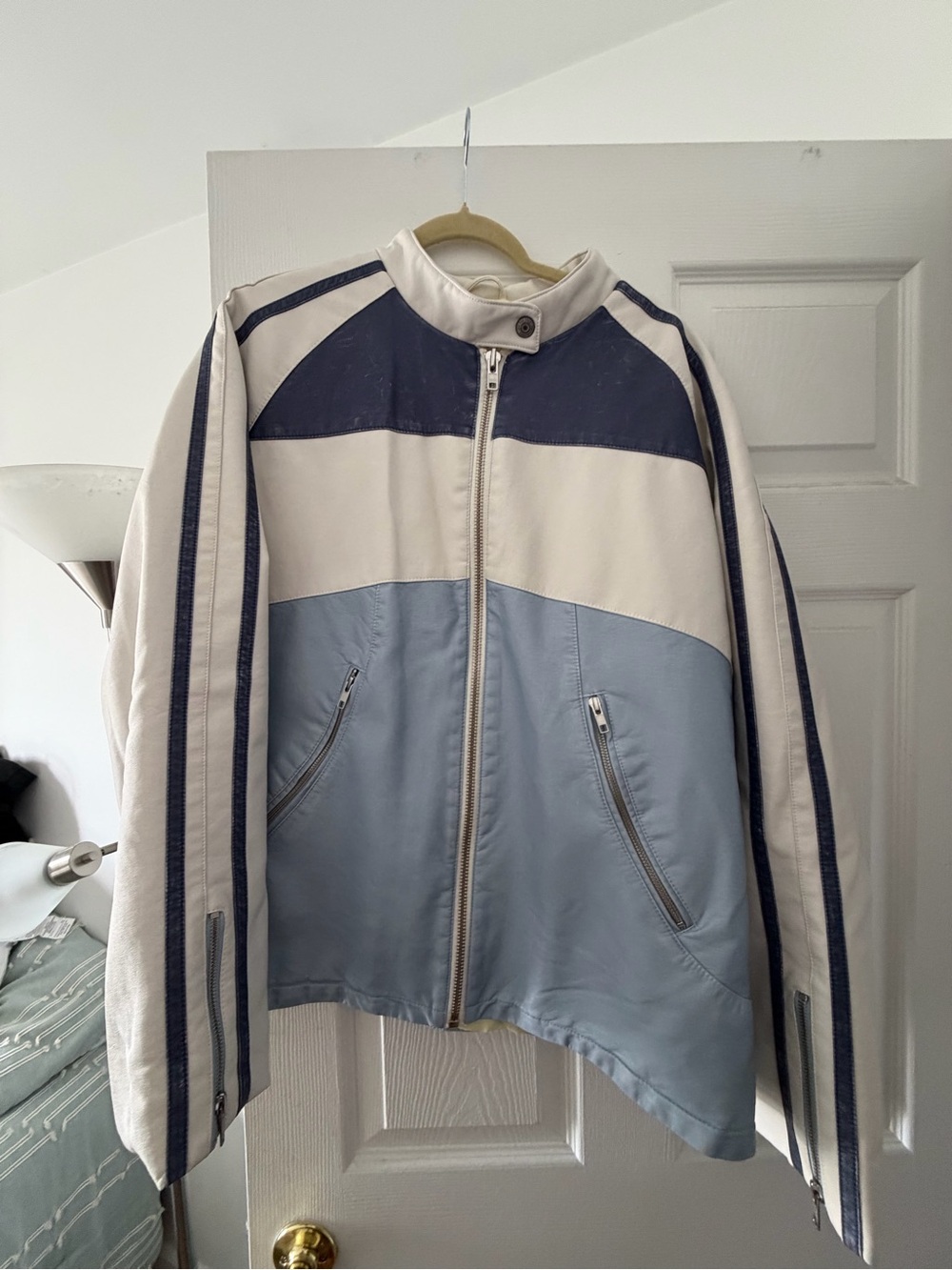 Womenβs Light Blue and Cream Vegan Leather Colorblock Jacket